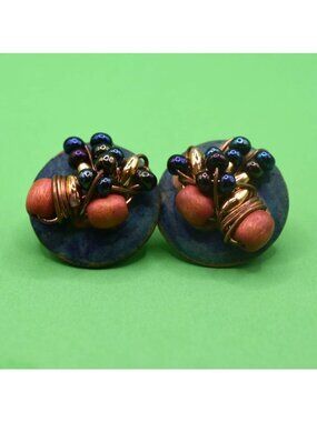 Vintage Blue Beaded Clip Earrings Bohemian Wire Wrapped Statement Jewelry